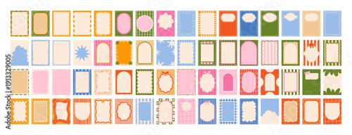 Big set of hand drawn decorative backgrounds with frames and borders in modern retro minimalist style. Flat vector collection for cover, card template, poster, invitation with organic shapes, patterns