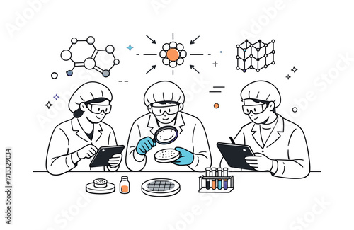 Nanotech Lab Collaboration. Nanotechnology laboratory workflow. Researchers collaborating at a clean lab table with tablets, samples, and schematic nano