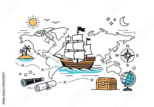 The Age of Exploration. A classic map-based scene with a sailing ship moving across an old-style world map, symbolizing discovery and