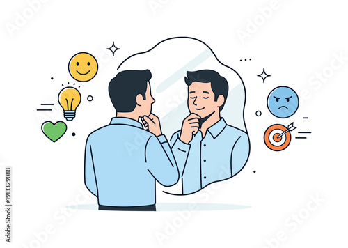 Reflective Leadership Insight. Self-aware leader concept. Person reflecting in front of abstract mirror with emotion icons floating nearby. Calm introspection