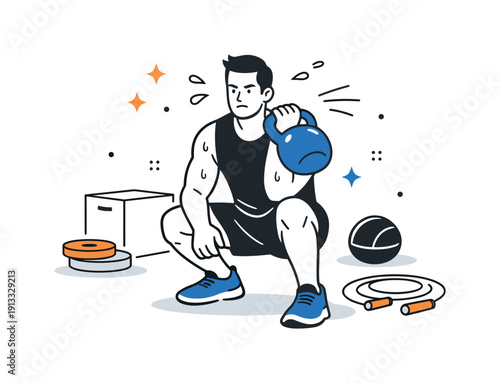 Energetic Kettlebell Workout. Intense functional workout. Person mid-lift with a kettlebell, sweat drops and minimal gym elements around. Energy, commitment,