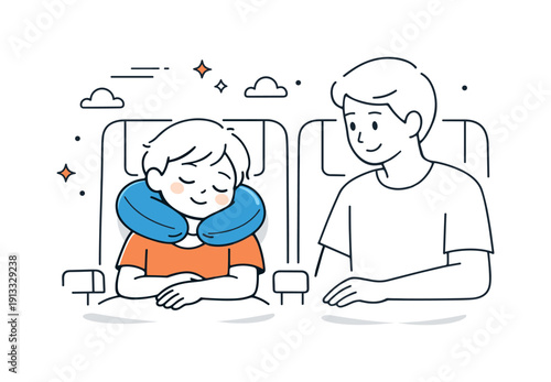 Child Sleeping Comfortably. Using travel pillow for child. A child peacefully sleeping with a small travel pillow, parent nearby watching calmly. Warm, caring