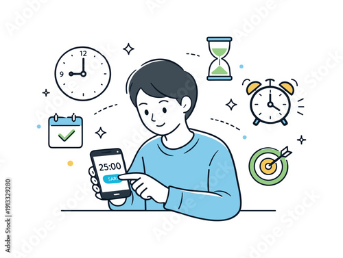 Setting a timer to stay on schedule. A person taps a timer app on a smartphone, preparing to focus on a task with calm intention. Time