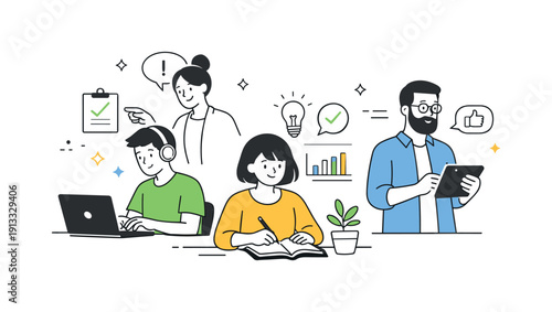 Empowered Teamwork. Empowered employees. Individuals confidently working on their own tasks with light guidance nearby. Sense of autonomy, trust, and