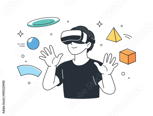 Futuristic VR Immersion. Virtual reality experiences. Person wearing a VR headset, hands reaching out as abstract digital shapes float around them. Sense of