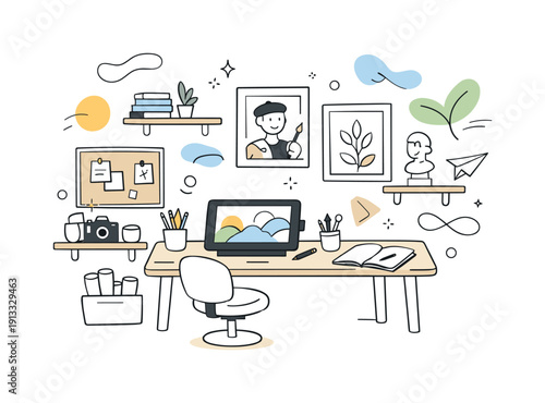 Creative workspace inspiration. A bright home studio with wall art, shelves, and digital tablet, showing harmony between analog and digital