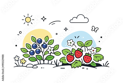 May countryside detail. Low berry plants with fresh leaves and ripe berries, softly arranged with abstract spring shapes around.