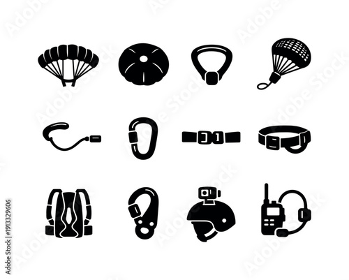 Skydiving Gear. Solid icon set of Skydiving Gear: parachute canopy, reserve parachute, deployment handle, pilot chute, ripcord, carabiner,