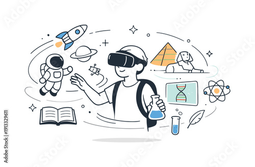 VR Learning Adventure. Learning through VR simulations. Editorial illustration of a student exploring a virtual environment like space, history, or science