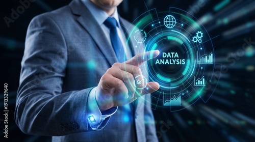 Business professional analyzing data with futuristic digital interface and holographic charts in corporate office