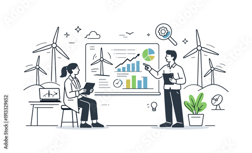 Wind Energy Innovation. Wind energy research centers. Researchers analyzing data near modern wind turbines, calm scientific atmosphere showing innovation and