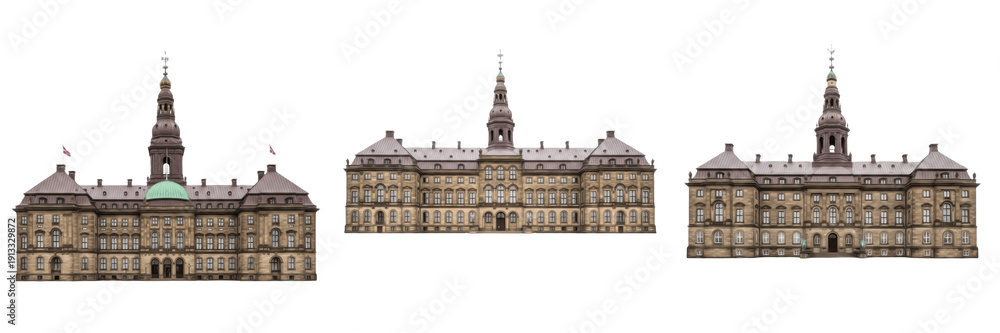 Fototapeta premium Christiansborg Palace Copenhagen Denmark isolated on white background, historic royal and government palace landmark, Christiansborg Slot København, Danish architecture cutout PNG, white floor, no sha