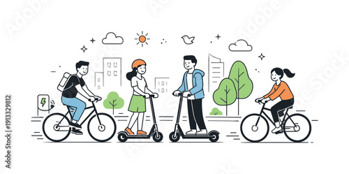 Eco transportation concept. People riding bicycles and electric scooters along a clean city street with trees, showing calm sustainable