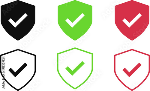 Shield Security Check Mark Icons Set – Protection Verification Symbol Collection in Black, Green and Red