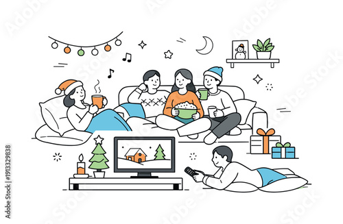 Cozy holiday film marathon. People relaxing on cushions and sofas, watching seasonal movies back to back in a peaceful home setting. The mood