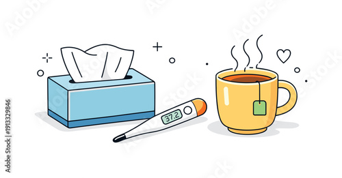 Cozy Recovery Setup. Tissues, thermometer and hot tea setup. A cozy arrangement of tissues, a thermometer, and a steaming cup of tea on a table, calm care and