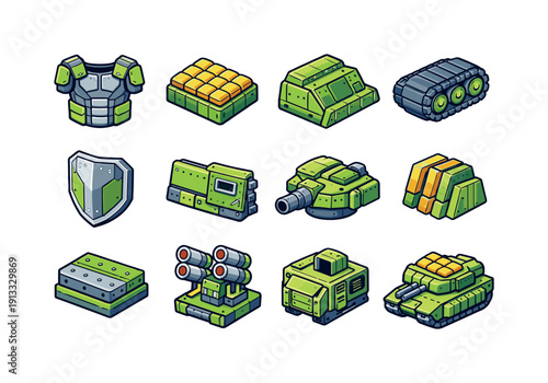Military armor. Colorful isometric vector icons set of military armor: heavy armor plates, reactive armor block, reinforced hull, armored