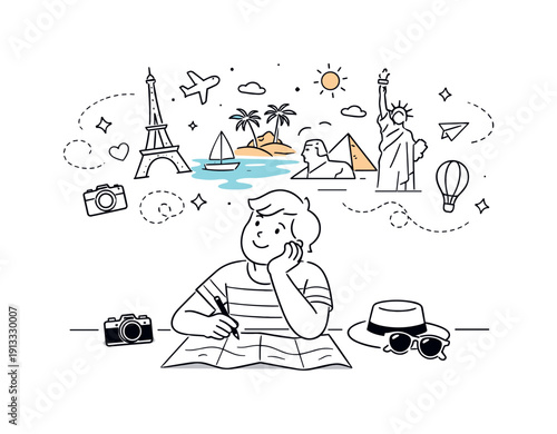 Summer travel planning. Person daydreaming about destinations, looking at a map with landmarks illustrated softly above it. Light imaginative