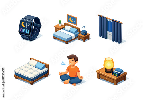 Better sleep. Isometric flat vector icons set of better sleep: sleep tracking device, quiet bedroom environment, blackout curtains window,