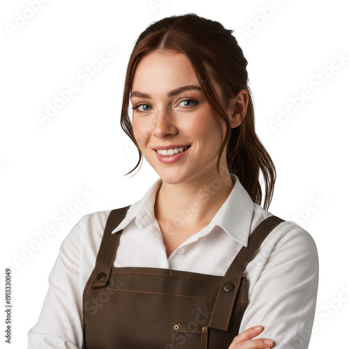 Cheerful baker in apron smiling while holding dough