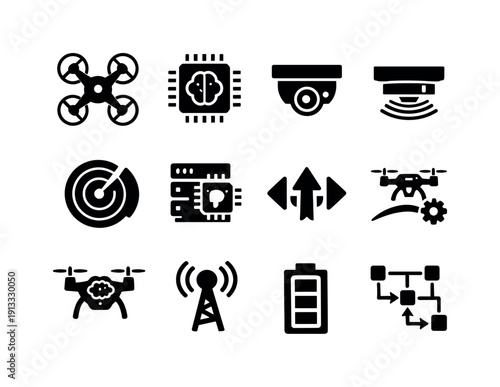AI Drone Technology. Solid icon set of AI Drone Technology: ai drone, neural chip, vision camera, lidar sensor, radar waves, data processing