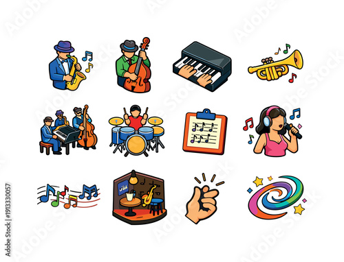 Jazz Improvisation. Colorful isometric vector icons set of Jazz Improvisation: saxophone soloist, upright bass groove, piano improv chords,