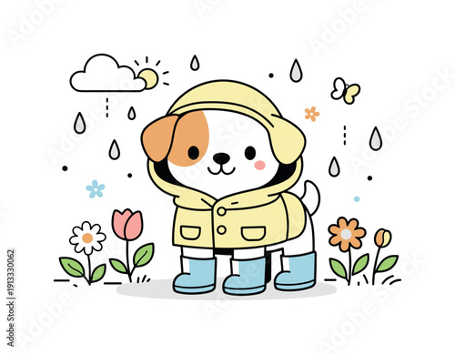 Springtime pet look. A puppy wearing a light raincoat and boots, standing near flowers and gentle raindrops, cheerful fresh atmosphere.
