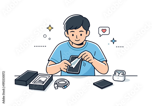 Unboxing the latest smartphone and accessories. Person sitting at a table, gently removing protective film from a new phone. Focused,