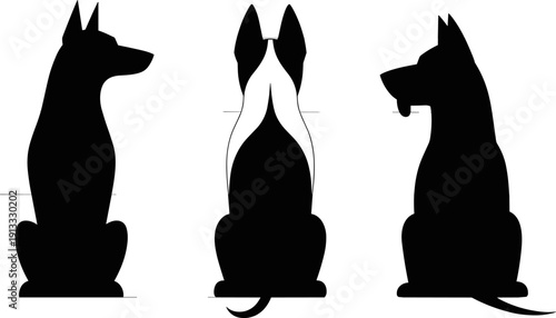 Set of black silhouettes featuring a German Shepherd dog sitting in various poses including front view back view and side profile for pet design.