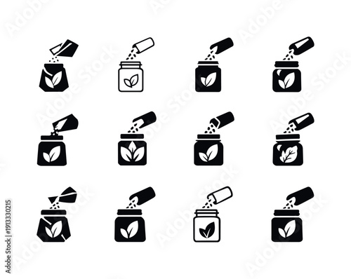 Spice Jar Icon Set. Refilling a spice jar. Icon set. Set Logo of Refilling a spice jar: spice label and jar pairing. harmonious logo variations of the same