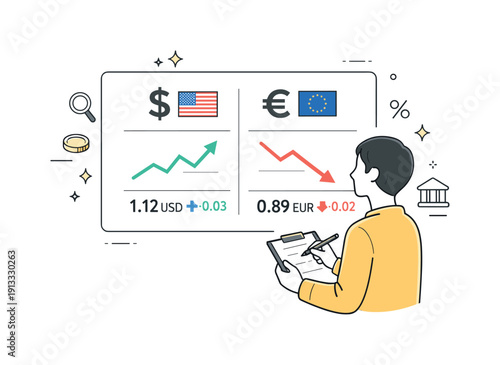 Currency Rate Analysis. Exchange rate comparison. A person comparing currency rates on a board with simple charts and symbols, calm analytical mood and