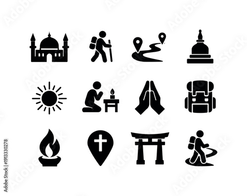 Sacred Travel. Solid icon set of Sacred Travel: holy site, walking pilgrim, travel route, sacred monument, spiritual light, ritual stop,