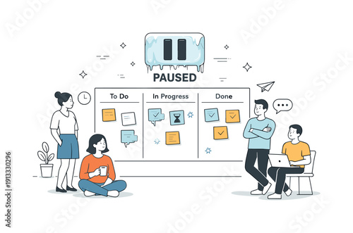 Paused Team Workflow. Paused workflow in team process. A shared project board with tasks gently frozen in place while team members wait calmly nearby. The mood