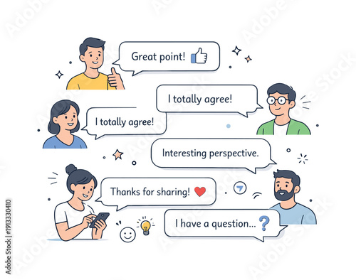 Friendly Comments Interaction. Comment section concept. People typing short messages and reactions under a post, speech bubbles appearing calmly. Feeling of