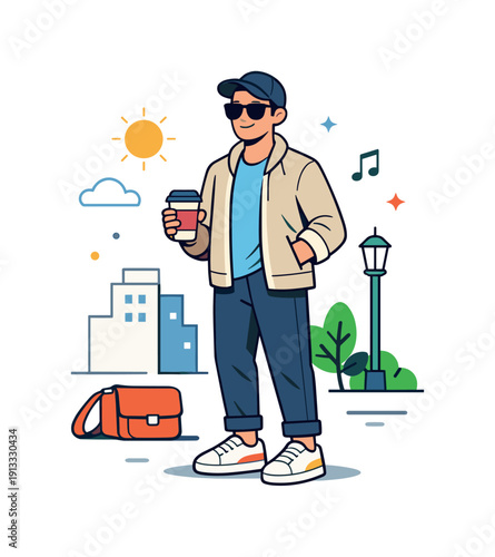 Spring street style relaxed urban outfit with light layers and clean sneakers, capturing confidence, freshness and effortless seasonal