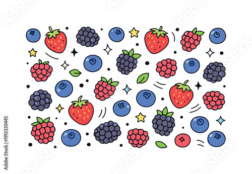 Berry flat lay composition. Fresh berries spread evenly, creating a simple and appetizing pattern. Clean and modern food illustration with
