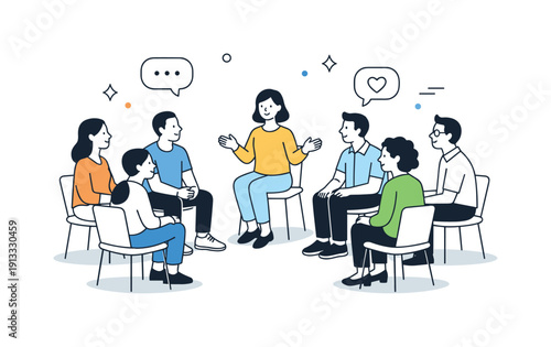 Psychological safety meetings. Team gathered in a circle, calmly listening to one speaker. Open communication, trust, and non-judgmental