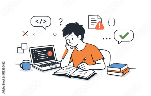 Coding Debugging Session. Programming troubleshooting session. A person fixing code at a desk with laptop and notes, calm persistence and focused effort.