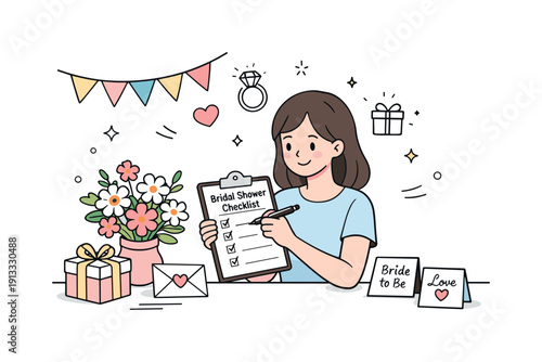 Planning a bridal shower. A host reviews a checklist and decorations on a table with flowers and cards. Focused organization and joyful