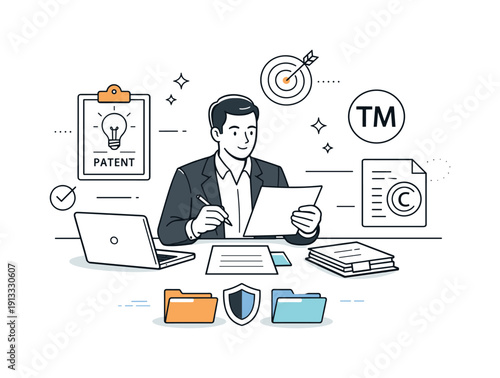 Navigating intellectual property in business. A business professional reviewing documents with patent, trademark and copyright icons, calm