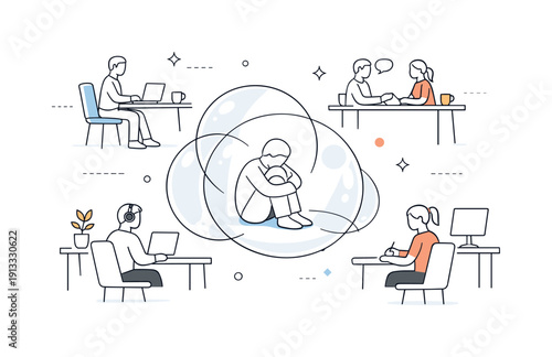 Isolation in open offices abstract. A minimal figure surrounded by transparent bubbles while desks and colleagues are arranged around them.