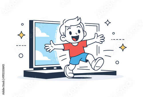 Cartoon Cinematic Magic. Animated character coming to life. A lively cartoon character stepping out of a glowing cinema screen, arms open and full of energy,