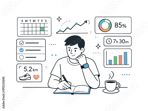 Quantified performance mindset. A character surrounded by calm dashboards and minimal graphs, maintaining focus and routine through numbers.