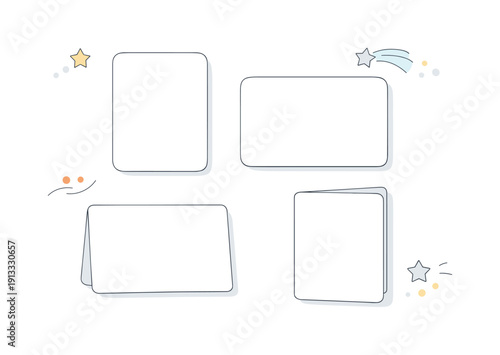 Minimalist Greeting Cards. Greeting cards blank. A flat lay of blank greeting cards with rounded corners, arranged symmetrically with abstract accents like