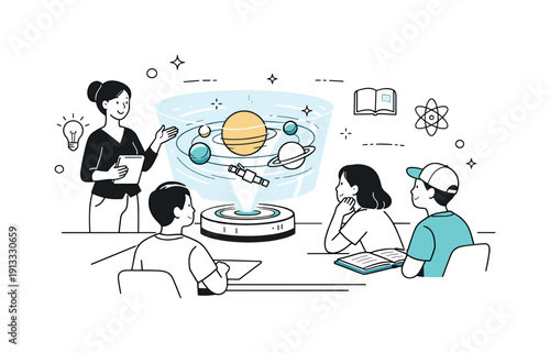 Futuristic Classroom Hologram. Hologram education scene. A teacher presenting a holographic model to students. Engaging learning, future-ready classroom and