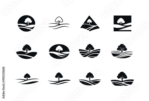 Snowfield Icon Set. Snow-covered fields. Icon set. Set Logo of snow-covered fields: lone tree in snow. harmonious logo variations of the same emblematic