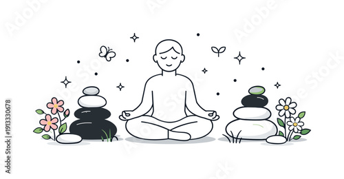 Spring spiritual balance. A gentle scene with stones, flowers, and a calm seated figure arranged in a harmonious composition. The