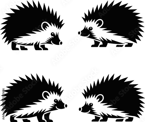 Set of four black and white hedgehog silhouettes and stylized line art icons featuring cute spiky forest animals for nature wildlife and character design.