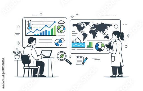 Climate data analysis. Scientists calmly reviewing climate charts and graphs on large screens. Focused work atmosphere, understanding