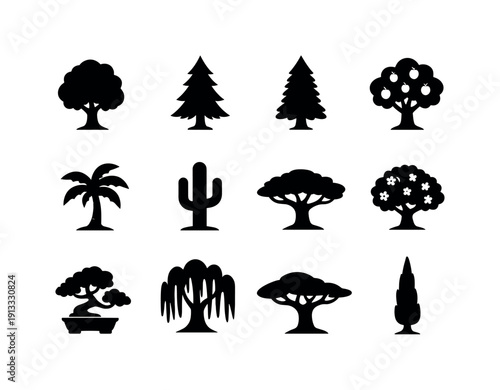 Tree Icon Collection. Tree Types. Solid icon set of Tree Types: deciduous tree, conifer tree, evergreen tree, fruit tree, tropical tree, desert tree, savanna